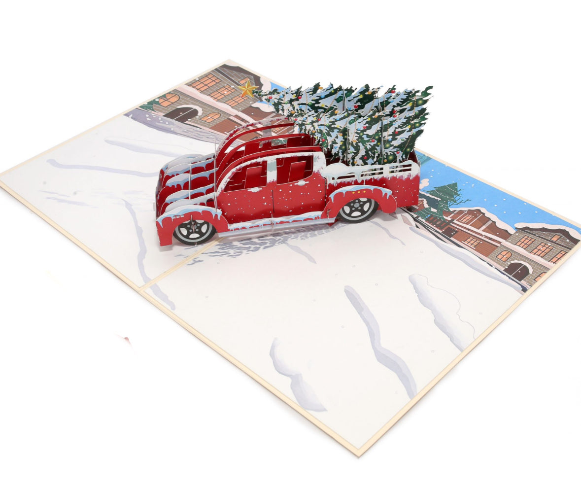 Classic Red Truck with Christmas Tree