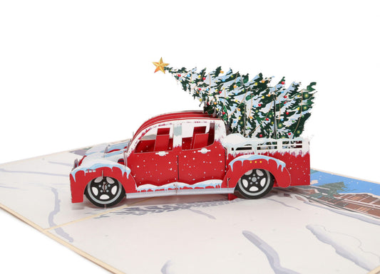 Classic Red Truck with Christmas Tree