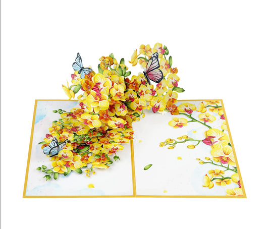 Beautiful Yellow Orchids & Butterflies Pop up Card