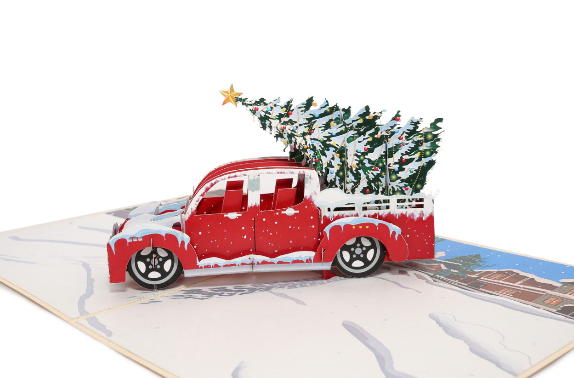 Classic Red Truck with Christmas Tree